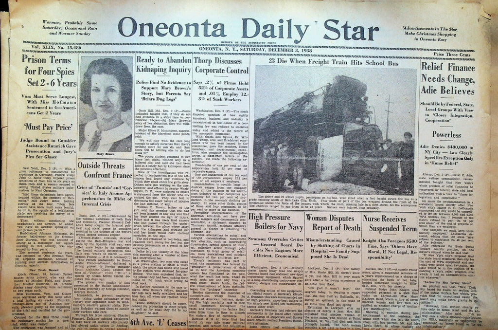 Oneonta Daily Star December 3 1938 Popeye Dan Hill Duke Football 0