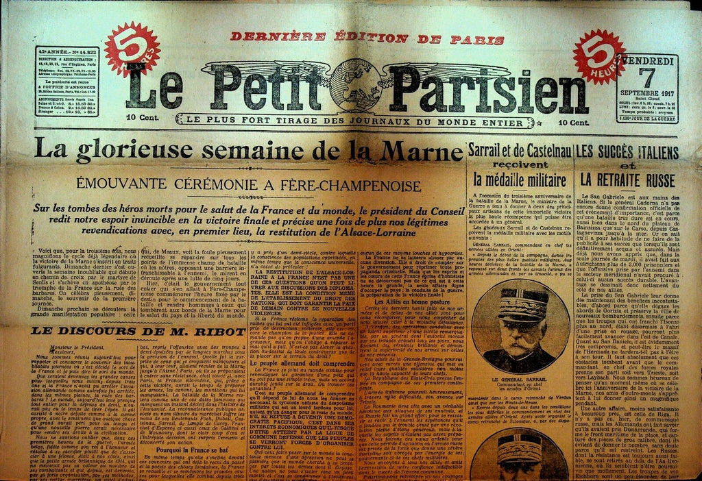 Le Petit Parisien WWI Newspaper France September 7 1917 Marne Ferdinand Foch