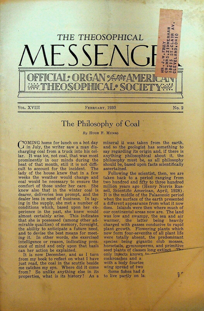 American Theosophical Messenger February 1930 Hugh Munro