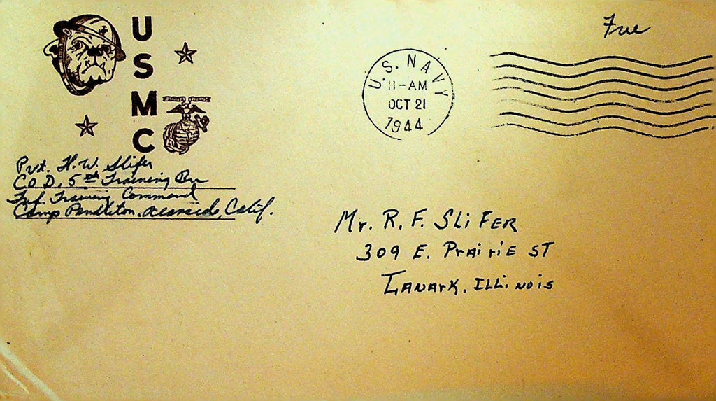 USMC United States Marine Corps Free Frank Cover 1944 Camp Pendleton to Illinois0