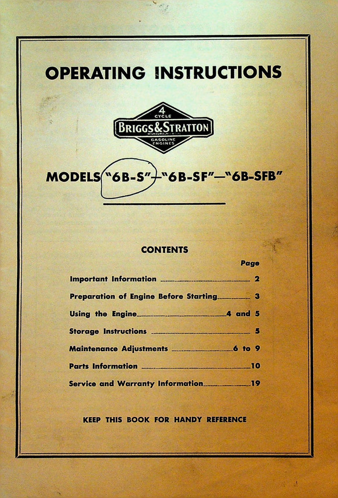 Briggs & Stratton Operating Instructions Model 6 B-S 4 Cycle Gas Engine0