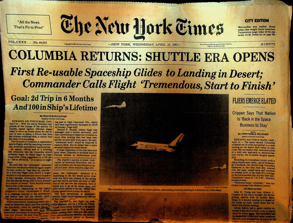 New York Times April 15 1981 Space Shuttle Columbia Returns Robert L Crippen0