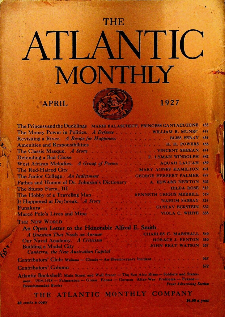 Atlantic Monthly Magazine April 1927 US Naval Academy Hilda Rose Bliss Perry