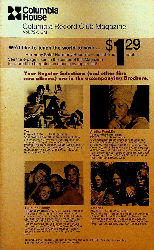 Columbia House Record Club Magazine 1972 72-5 GM Aretha Franklin Yes America0