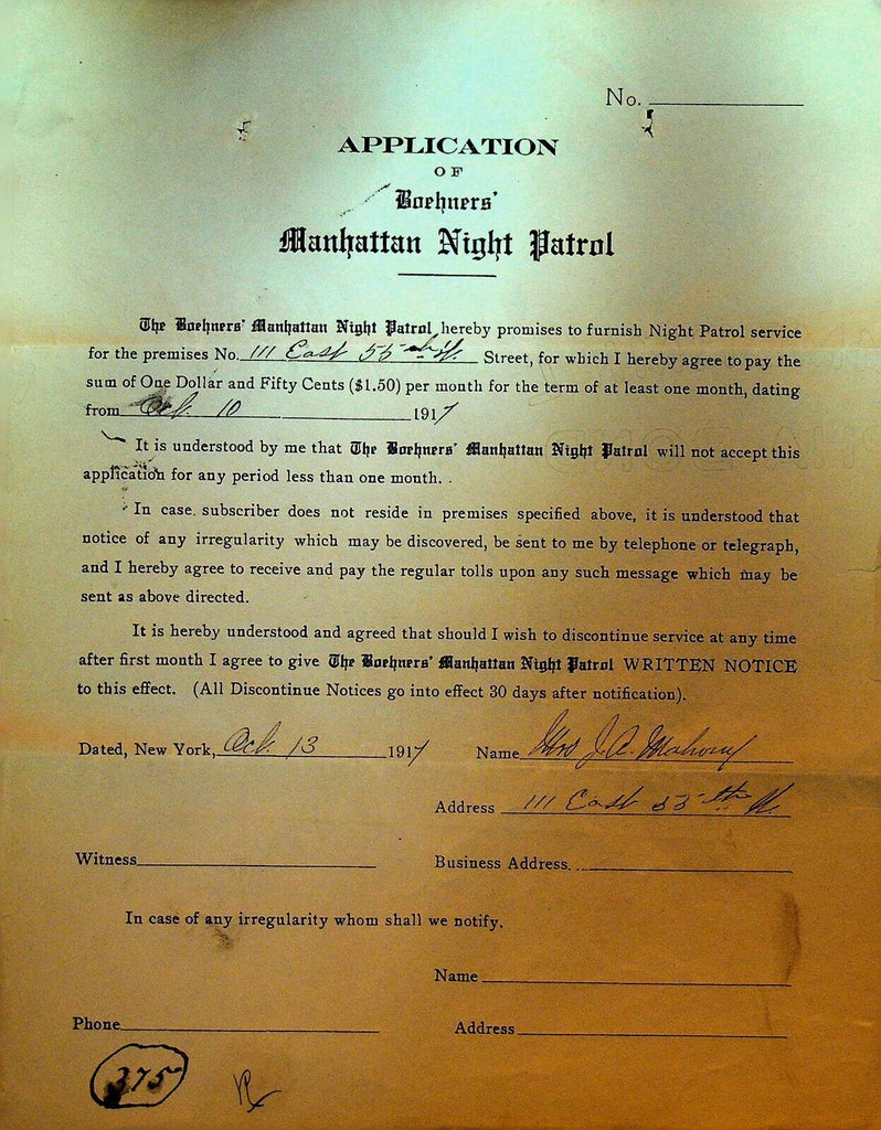 Boehners Manhattan Night Patrol Signed Contract 1917 Mrs JA Mahoney 111 E 55th