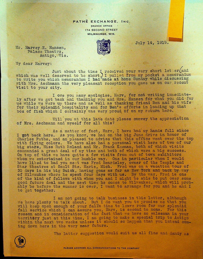 Pathe Exchange Letterhead July 14 1919 Ruth Roland Frank Keenan0