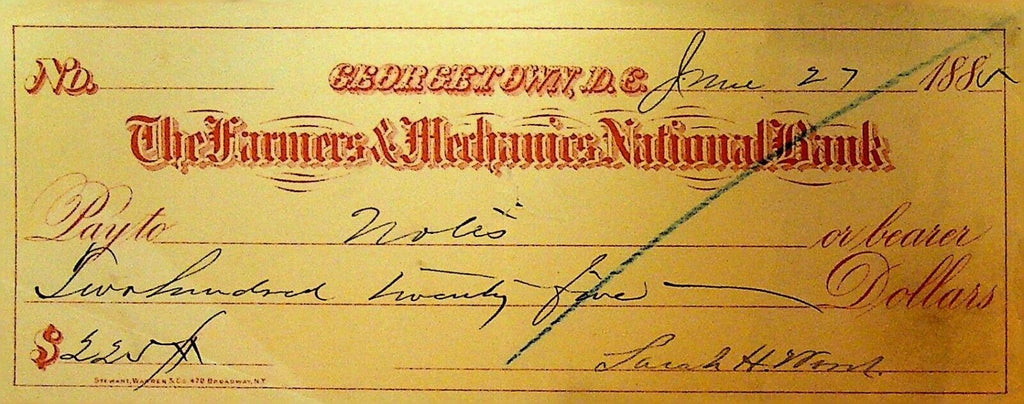 Farmers & Mechanics National Bank Check 1885 Georgetown Washington DC Red