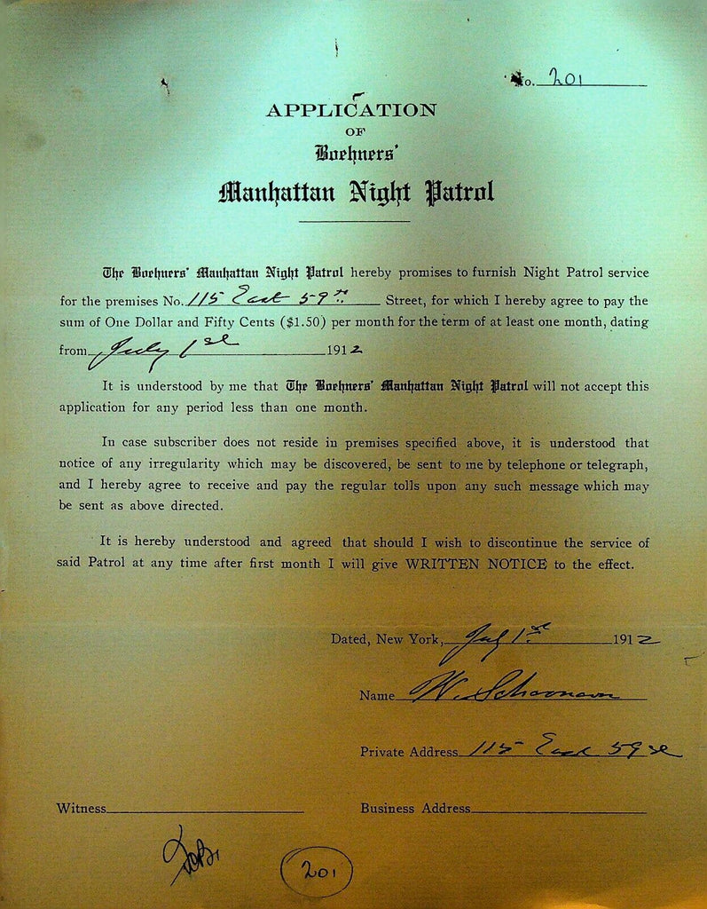Boehners Manhattan Night Patrol Signed Contract 1912 W Schoonover 115 E 59th St