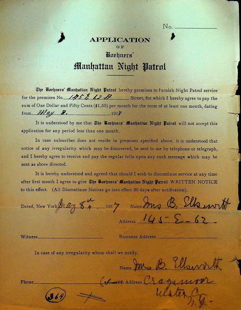 Boehners Manhattan Night Patrol Signed Contract 1917 Mrs B Ellsworth 145 E 62nd