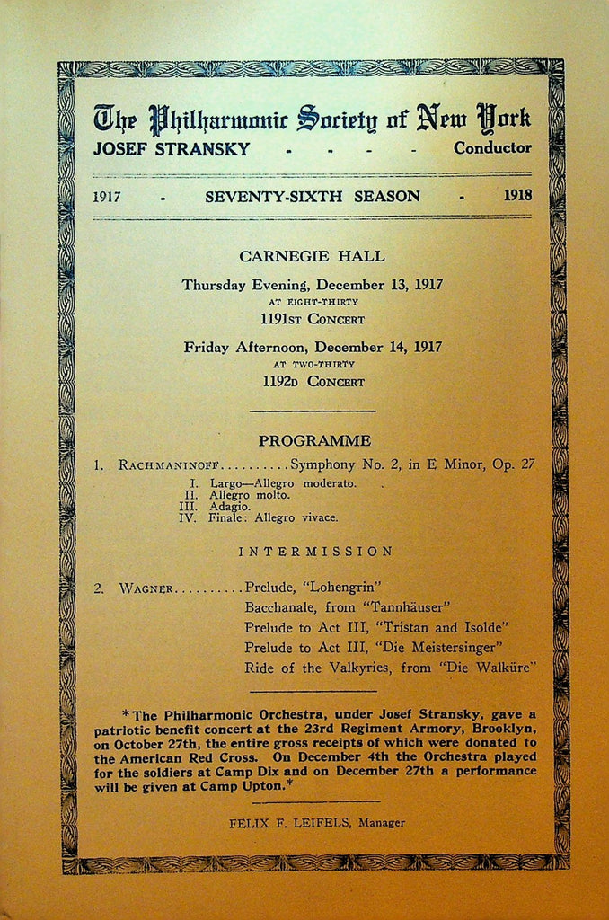 Philharmonic Society of New York Program December 13 1917 Josef Stransky0