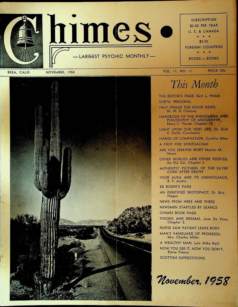Chimes Magazine Psychic November 1958 Cynthia Allen Eric Hagen Skotophot