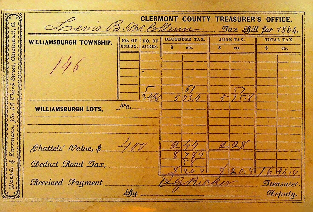 Clermont County Treasurer's Office Ohio Tax Bill 1864 #146