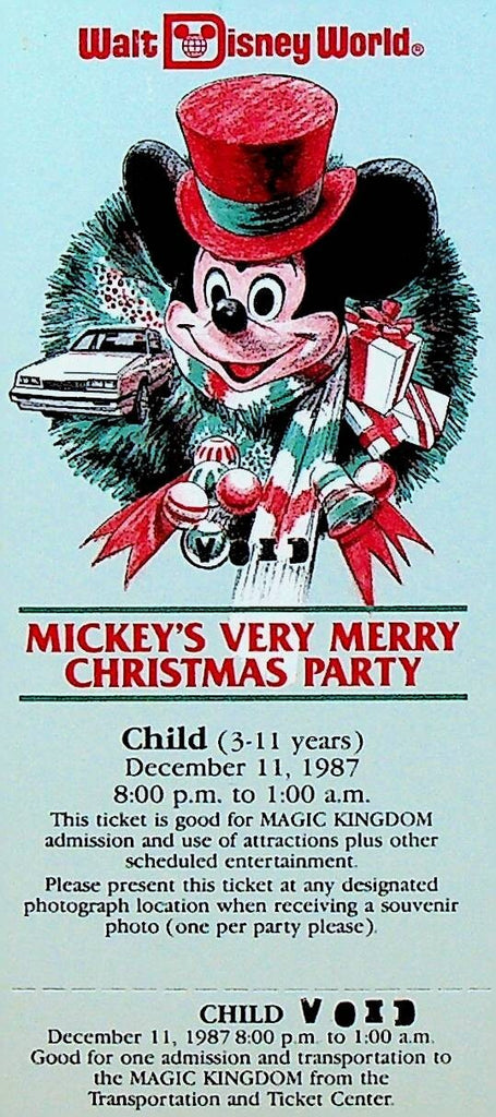Mickey Mouse's Very Merry Christmas Party Child Ticket 1987 WDW0