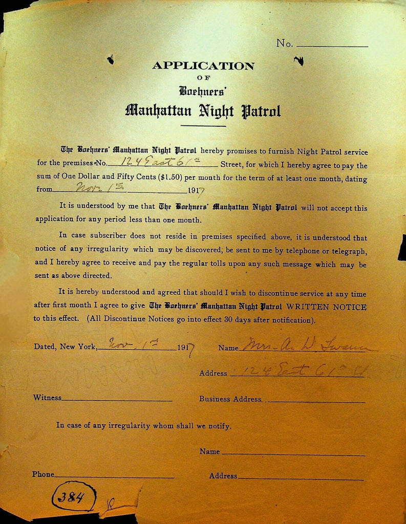 Boehners Manhattan Night Patrol Signed Contract 1917 Mrs A Swansen 124 E 61st St