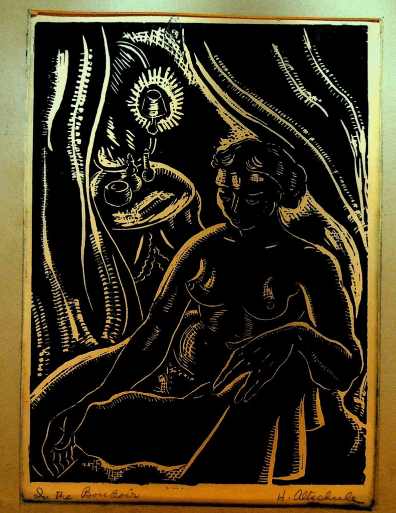In the Boudoir Linocut Art Hilda Altschule Rochester NY Matted0