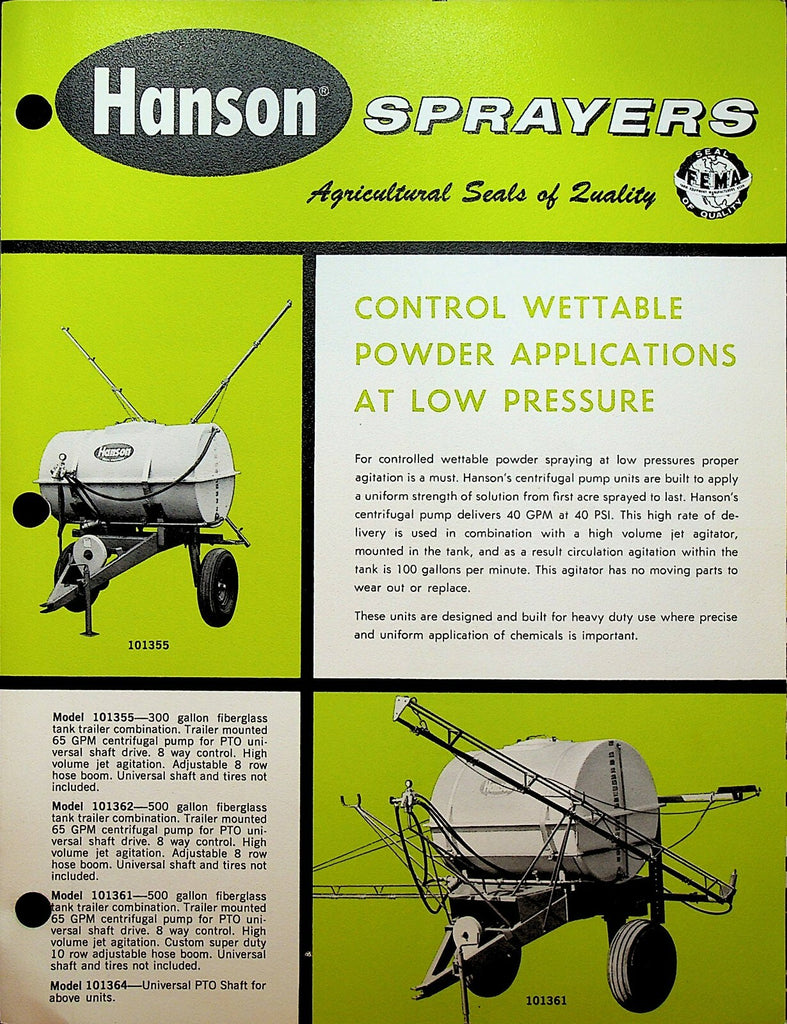 Hanson Agricultural Sprayers Brochure 1969 South Beloit Illinois 0