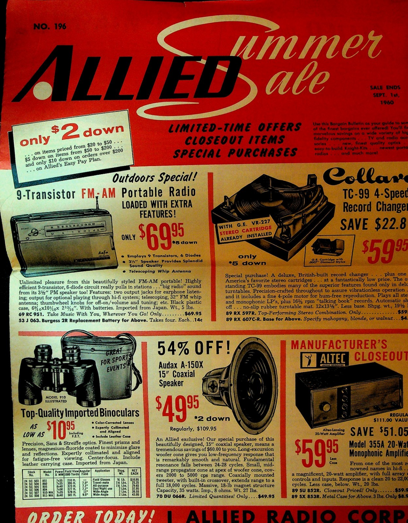 Allied Radio Summer Sale Circular 196 1960 Transistor Radio Record Player0