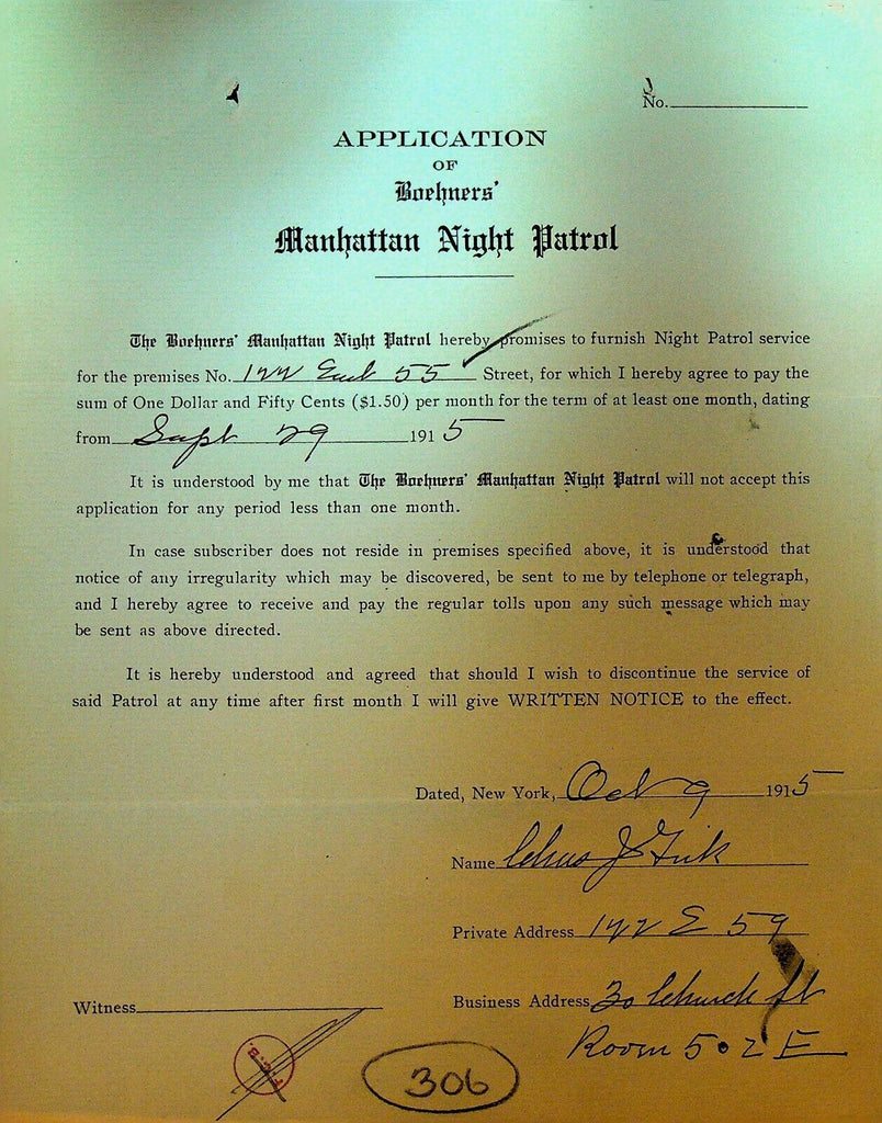 Boehners Manhattan Night Patrol Signed Contract 1915 122 East 55th St