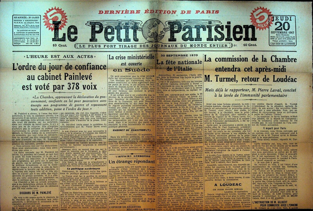 Le Petit Parisien WWI Newspaper France September 20 1917 Pierre Laval
