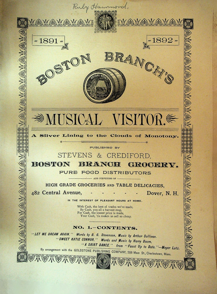 Boston Branch Grocer Sheet Music Musical Visitor 1891 Dover NH Stevens Crediford0