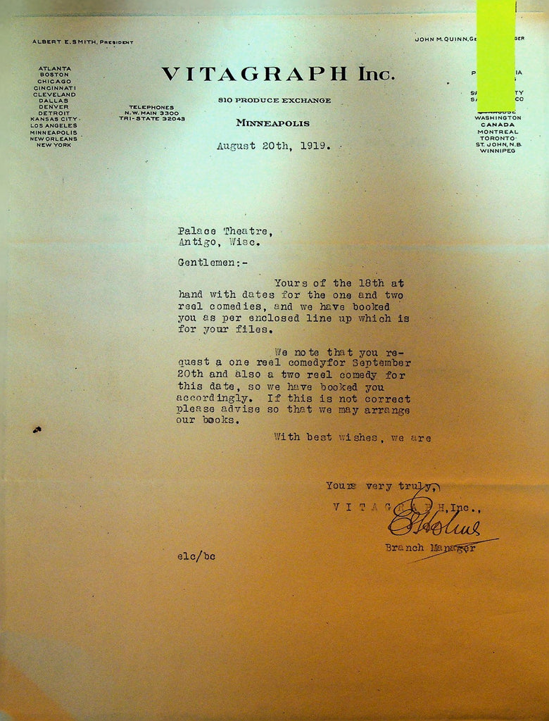 Vitagraph Letterhead August 20 1919 Tramps & Traitor Pluck & Plotter0