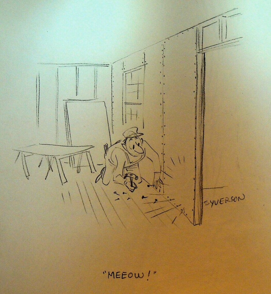 Henry S Syverson Original Art Hanging Drywall Cat Behind Wall