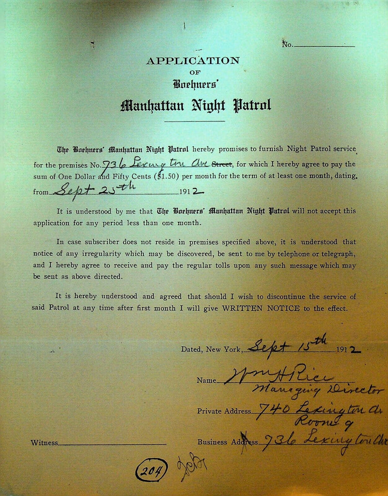 Boehners Manhattan Night Patrol Signed Contract 1912 Mary H Rice Lexington Ave