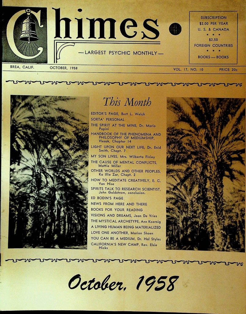 Chimes Magazine Psychic October 1958 John Goldstrom Ann Korenig Hal Styles