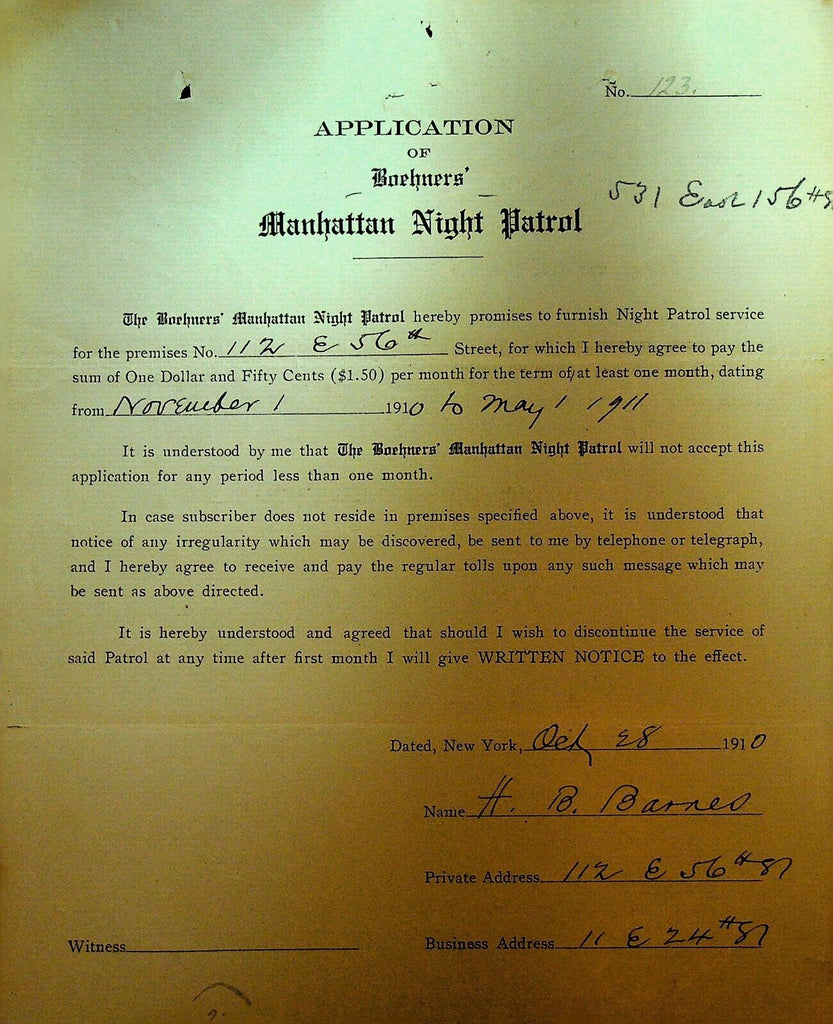 Boehners Manhattan Night Patrol Signed Contract 1910 HB Barnes 531 East 156th St