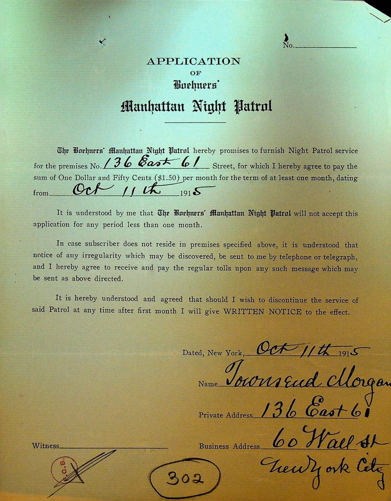 Boehners Manhattan Night Patrol Signed Contract 1915 Townsend Morgan 136 E 61st