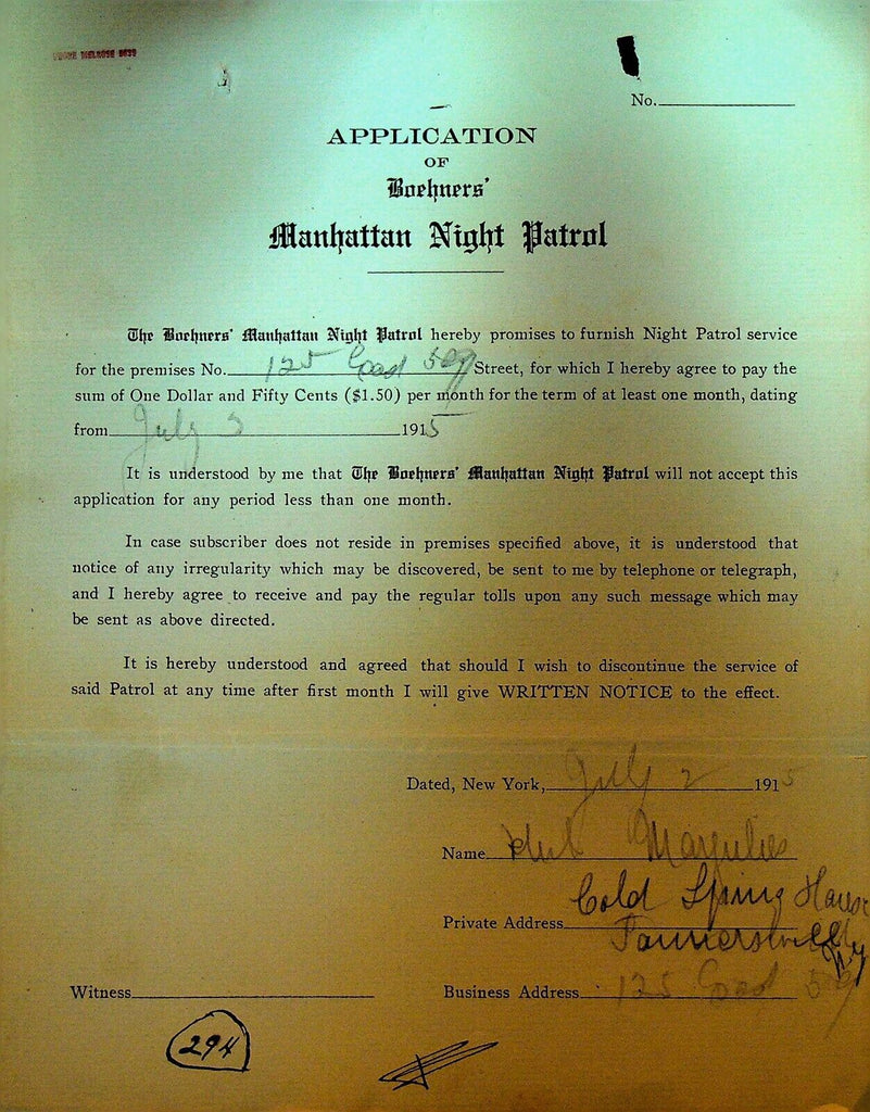 Boehners Manhattan Night Patrol Signed Contract 1915 H Marjulies 125 E 50th St
