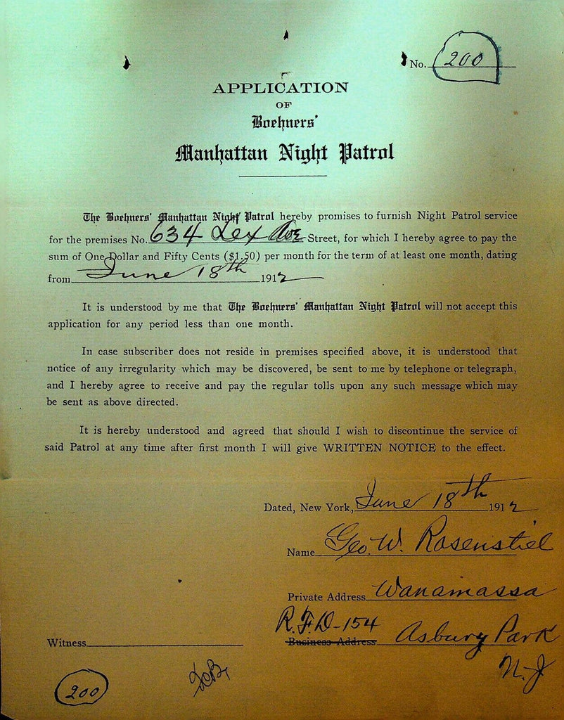 Boehners Manhattan Night Patrol Signed Contract 1910 George Rasenstiel Lexington