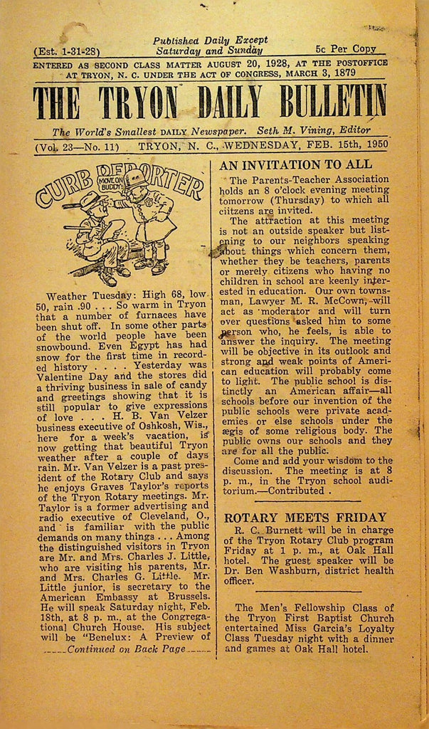 Tryon Daily Bulletin North Carolina February 15 1950 Daily Newspaper0