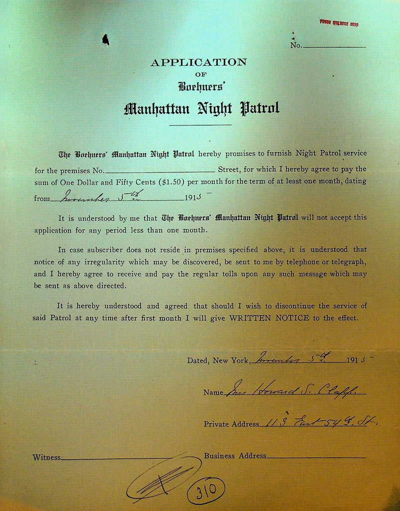 Boehners Manhattan Night Patrol Signed Contract 1915 Mrs Howard Clapp 113 E 54