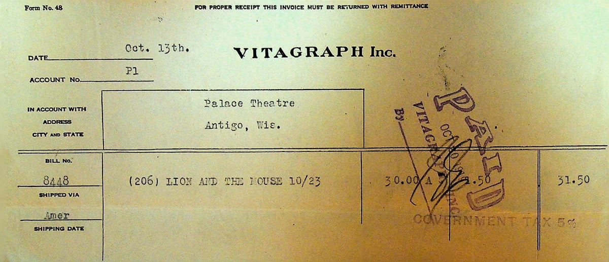 Vitagraph Invoice October 13 1919 Lion and the Mouse – Papergoy