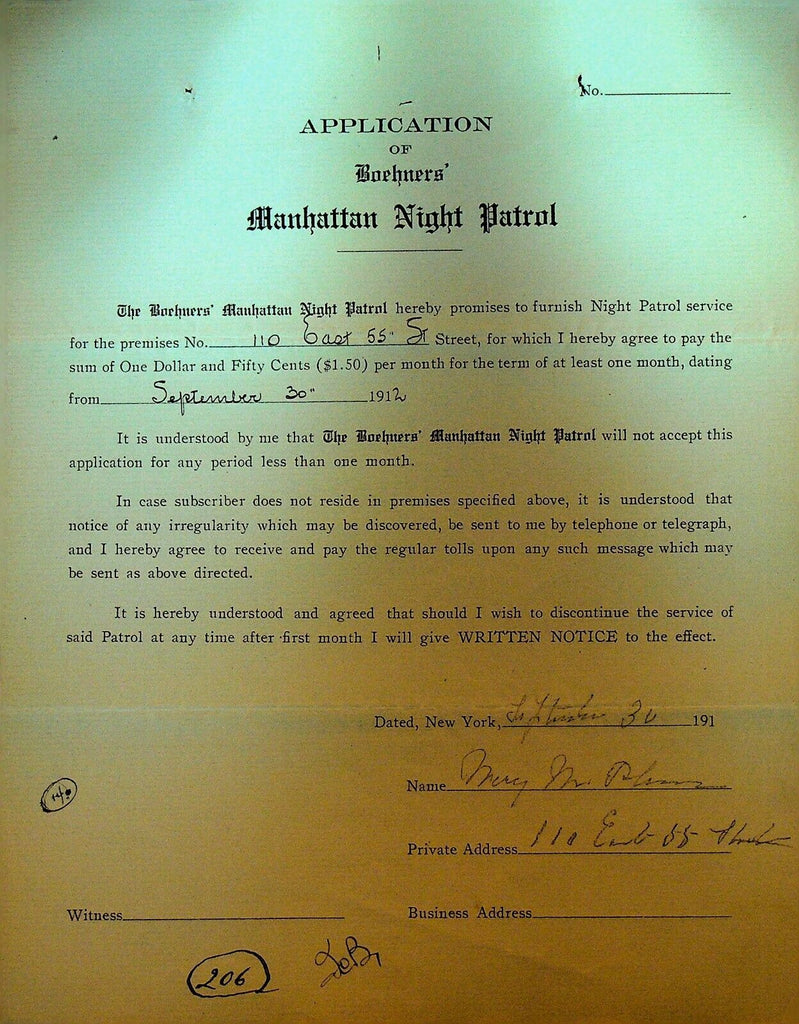 Boehners Manhattan Night Patrol Signed Contract 1912 110 East 55th St