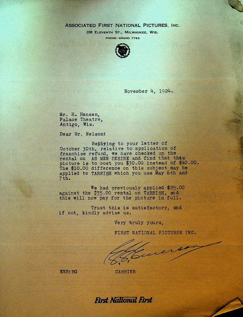 Associated First National Letterhead November 4 1924 As Men Desire Secrets0