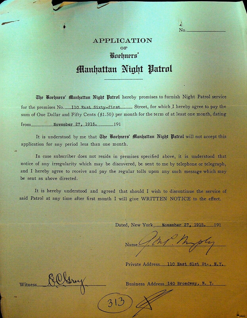 Boehners Manhattan Night Patrol Signed Contract 1915 G Murphy 110 E 61st St