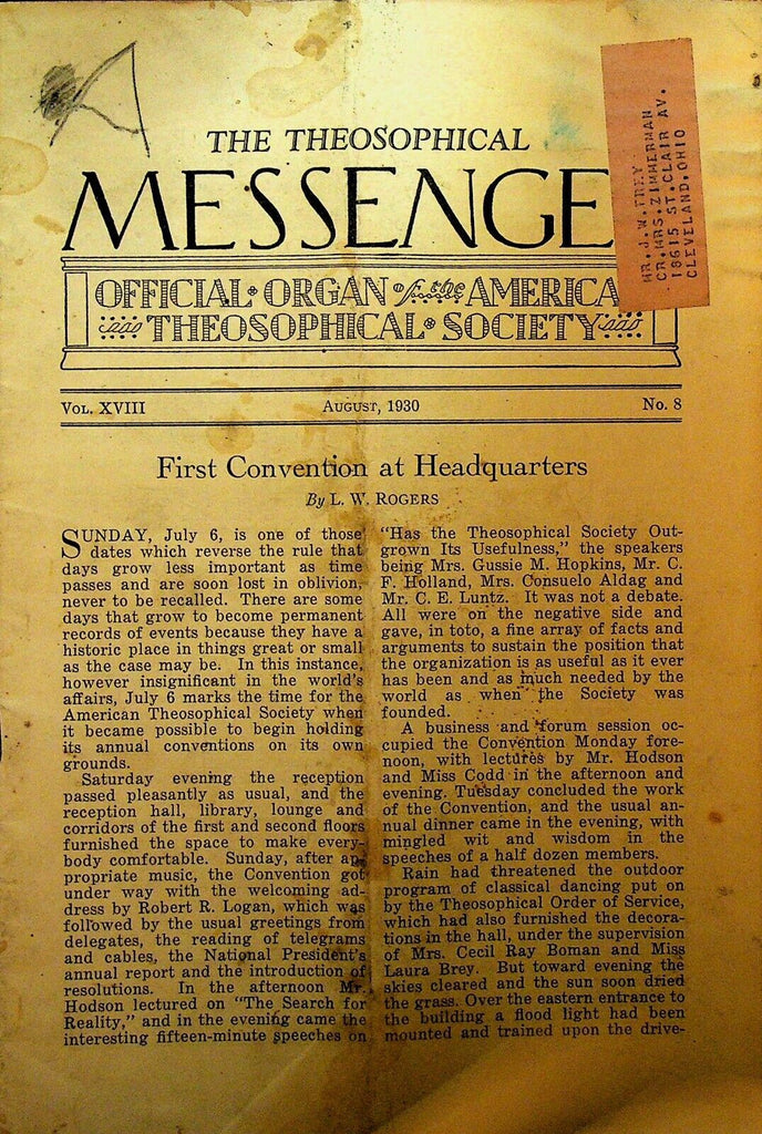 American Theosophical Messenger August 1930 Convention