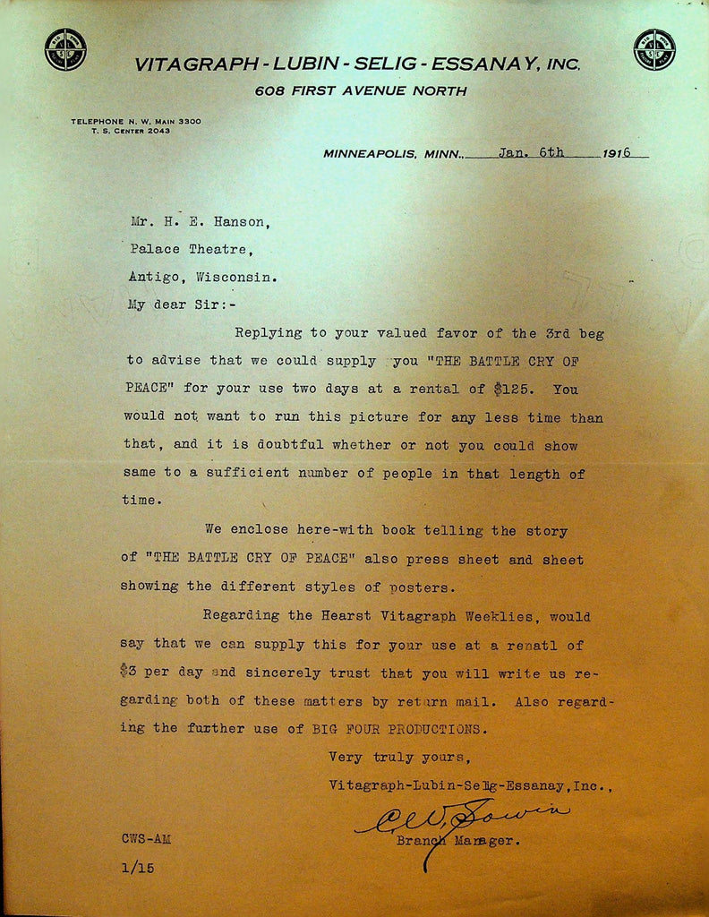 Vitagraph Lubin Selig Essanay Letterhead January 6 1916 The Battle Cry of Peace0