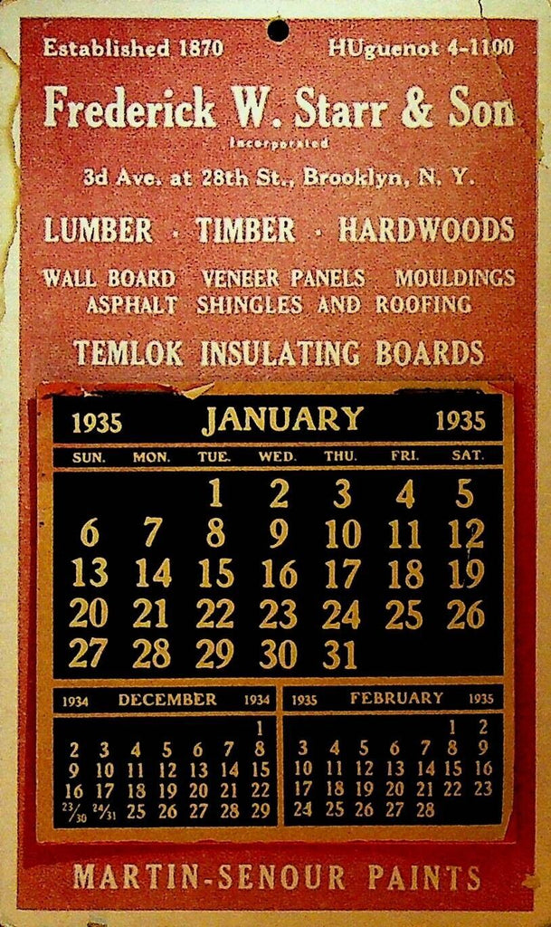 Frederick W Starr Son Brooklyn NY 1935 Advertising Calendar Martin Senour Paints