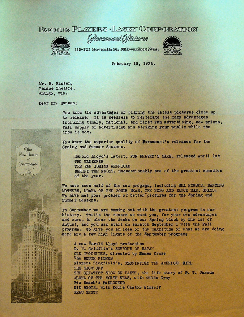 Famous Players Lasky Letterhead February 18 1926 Harold Lloyd For Heaven's Sake0