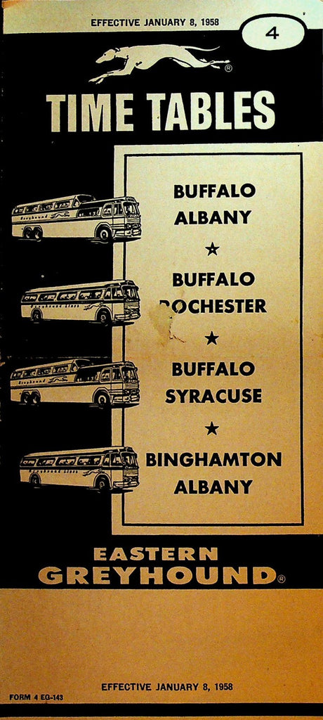 Eastern Greyhound Timetable January 8 1958 Buffalo Rochester Syracuse Albany NY0