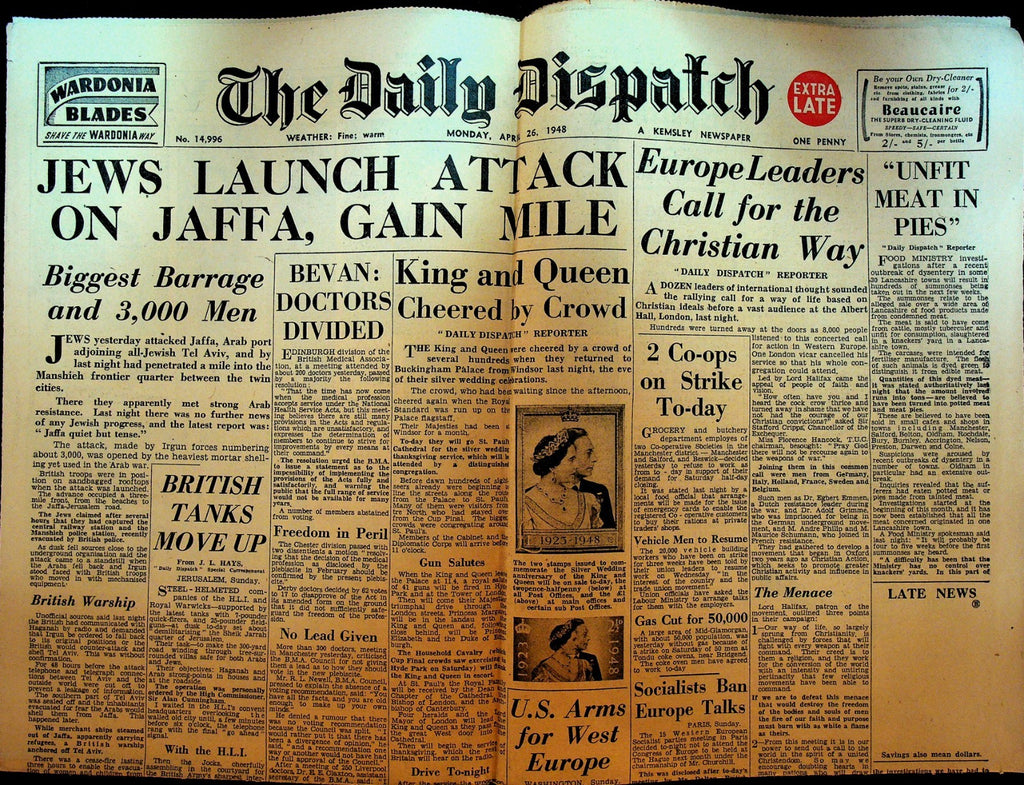 The Daily Dispatch Newspaper April 26 1948 Irgun Forces Attack Jaffa Middle East0