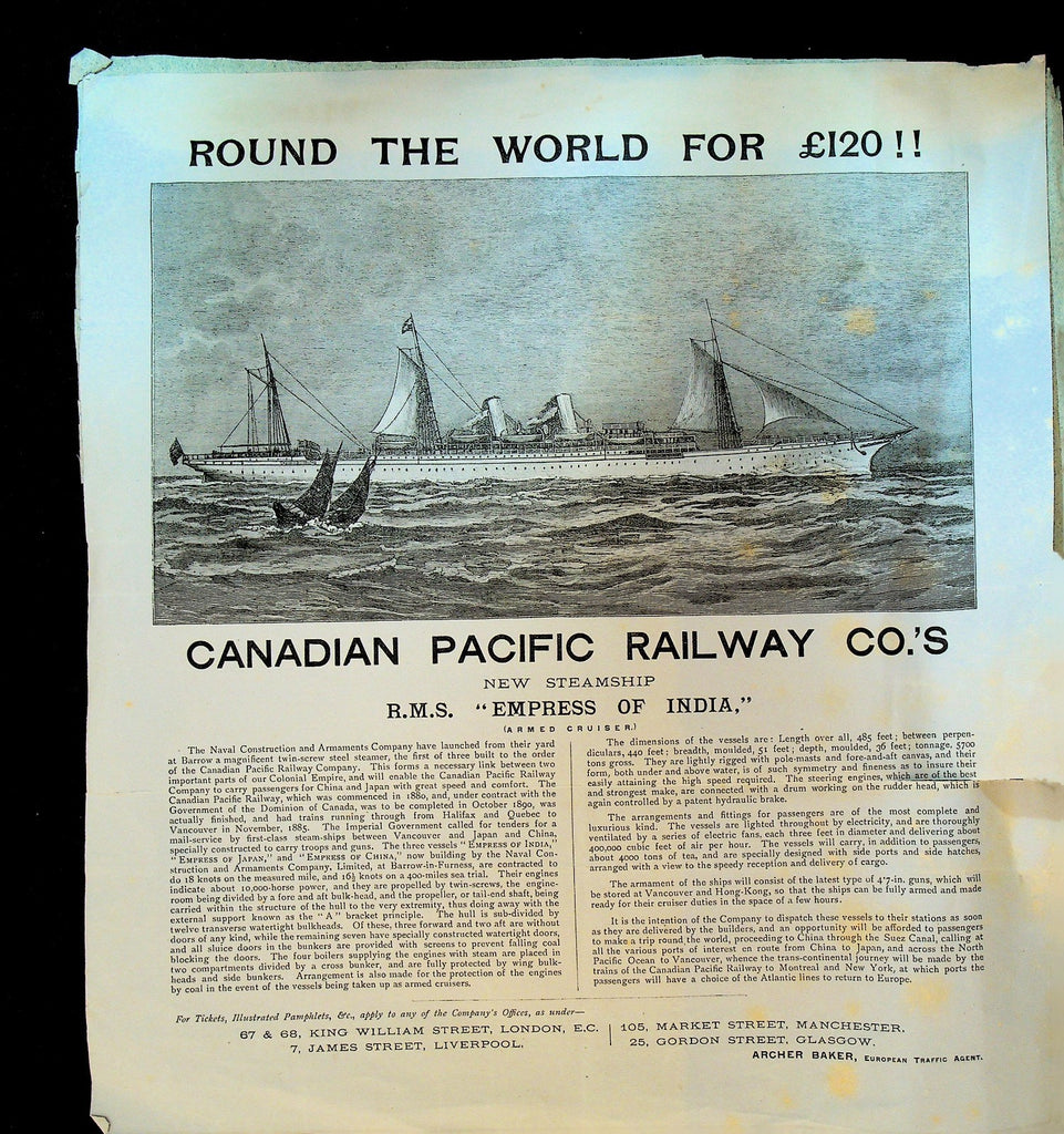 RMS Empress of India 1891 Broadside Canadian Pacific Railway Co w Timetable0