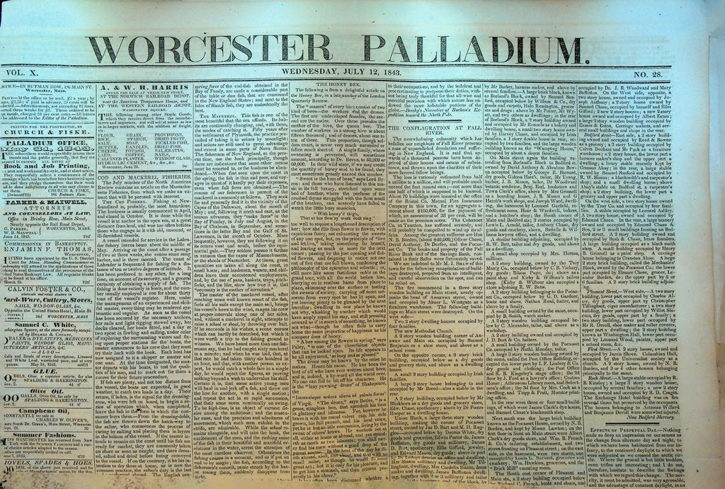Worcester Palladium Newspaper July 12 1843 Fall River Ma Fire Aftermath0