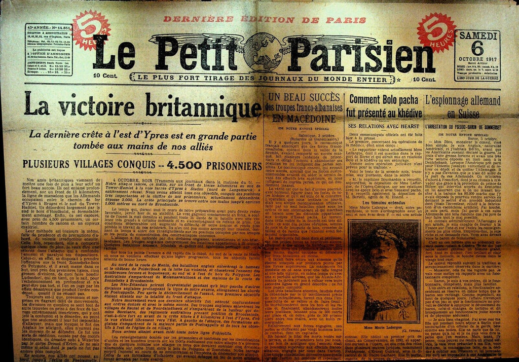 Le Petit Parisien WWI Newspaper France October 6 1917 Bolo Pasha Pacha Ypres