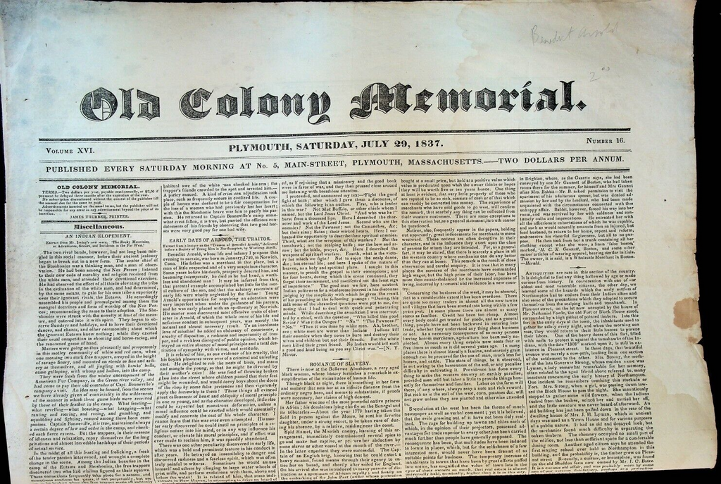 Old Colony Memorial July 29 1837 Plymouth Ma Benedict Arnold Slavery
