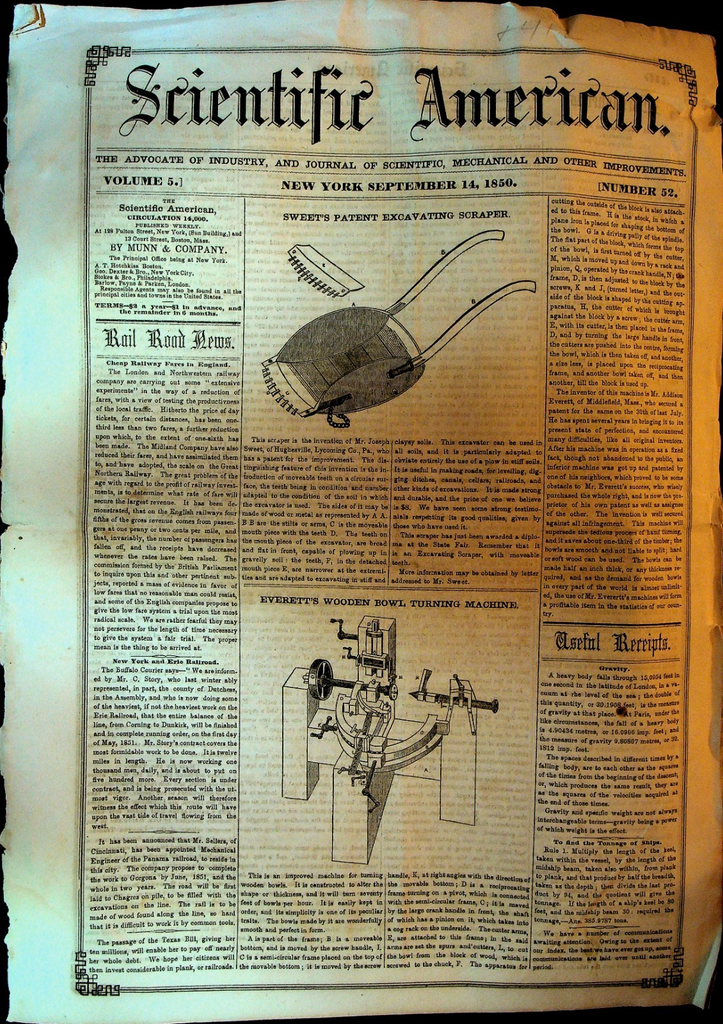 Scientific American September 14 1850 Excavating Scraper Wooden Bowl Machine0