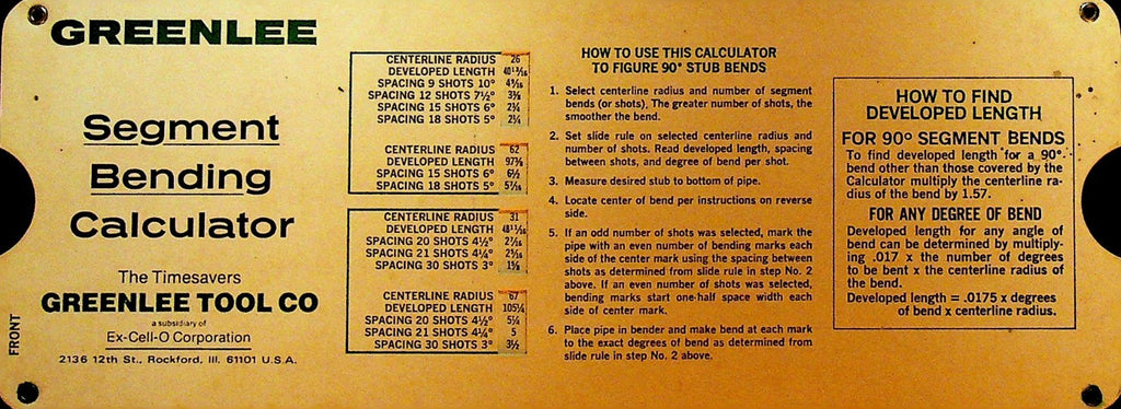 Greenlee Tool Co Segment Bending Calculator Rockford Illinois 19780